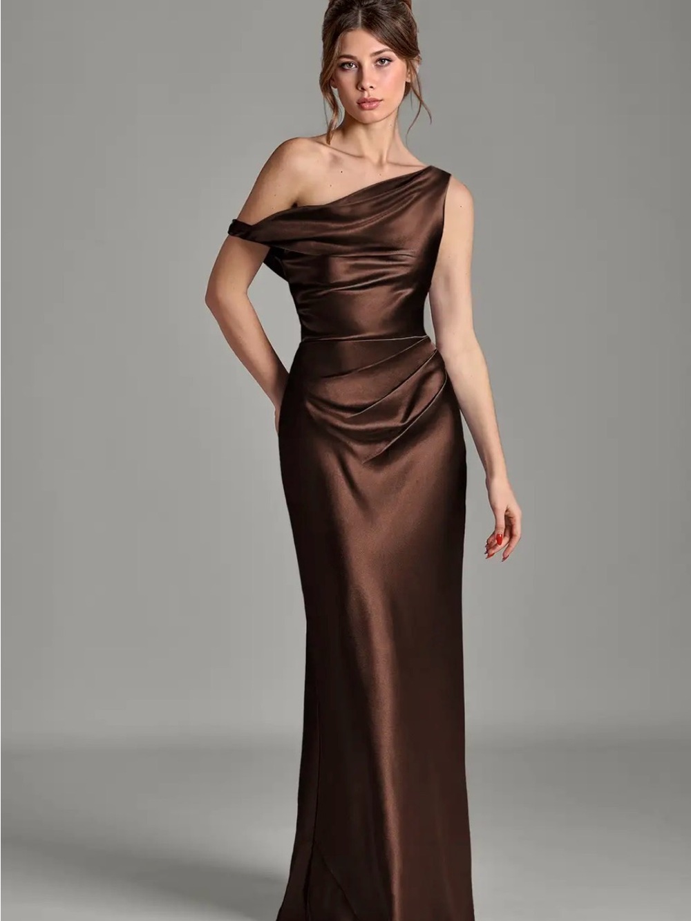 Azazie One-Shoulder cowl neck, mermaid Satin Gown in Brown chocolate